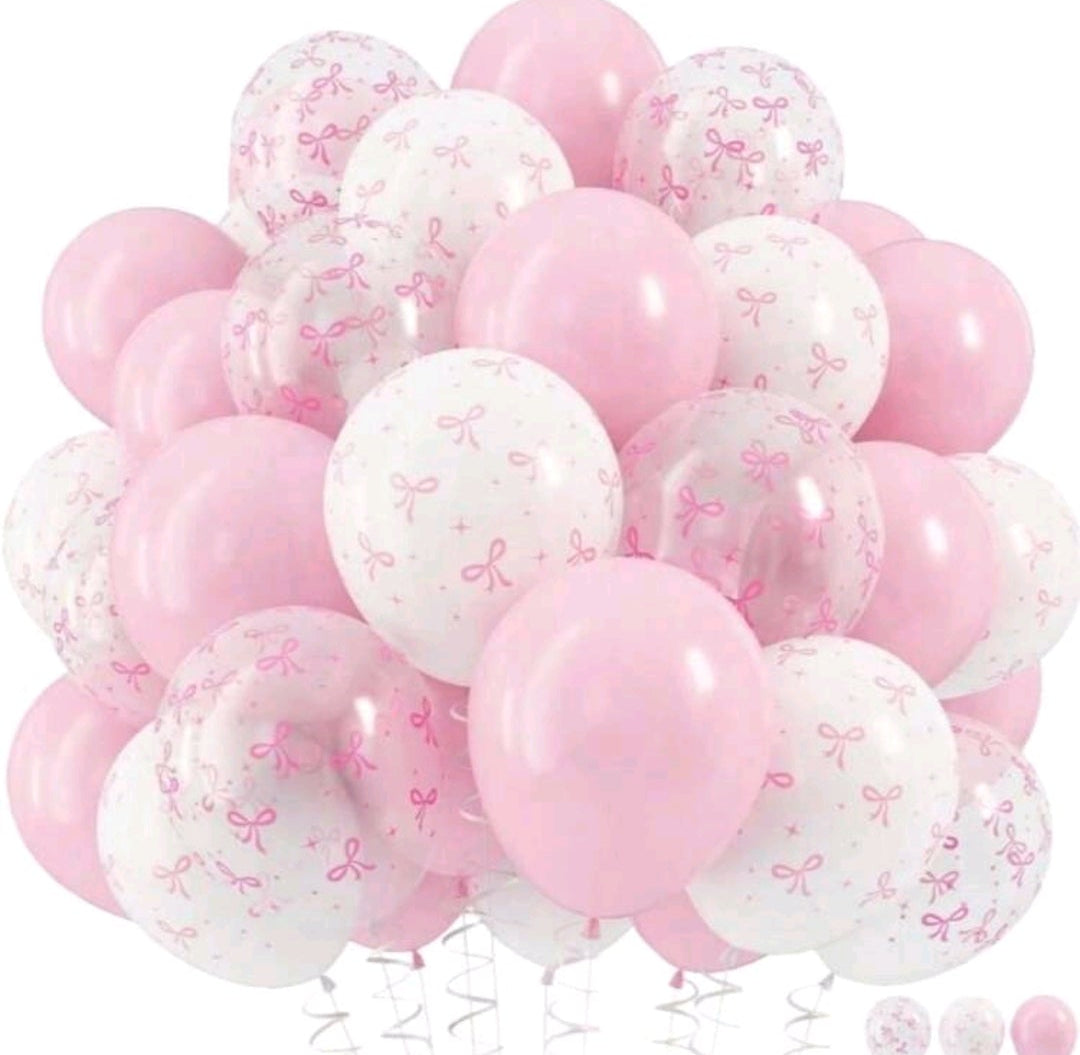 9 pcs 12-Inch Pink And Transparent White Bow Print Balloons, Cute Balloon Decorations For baby Princess, Girl Birthday Party, Bachelorette Party, Bow Theme Party, Gender Reveal, Bridal Shower, Wedding, Valentine's Day, Mother's Day,