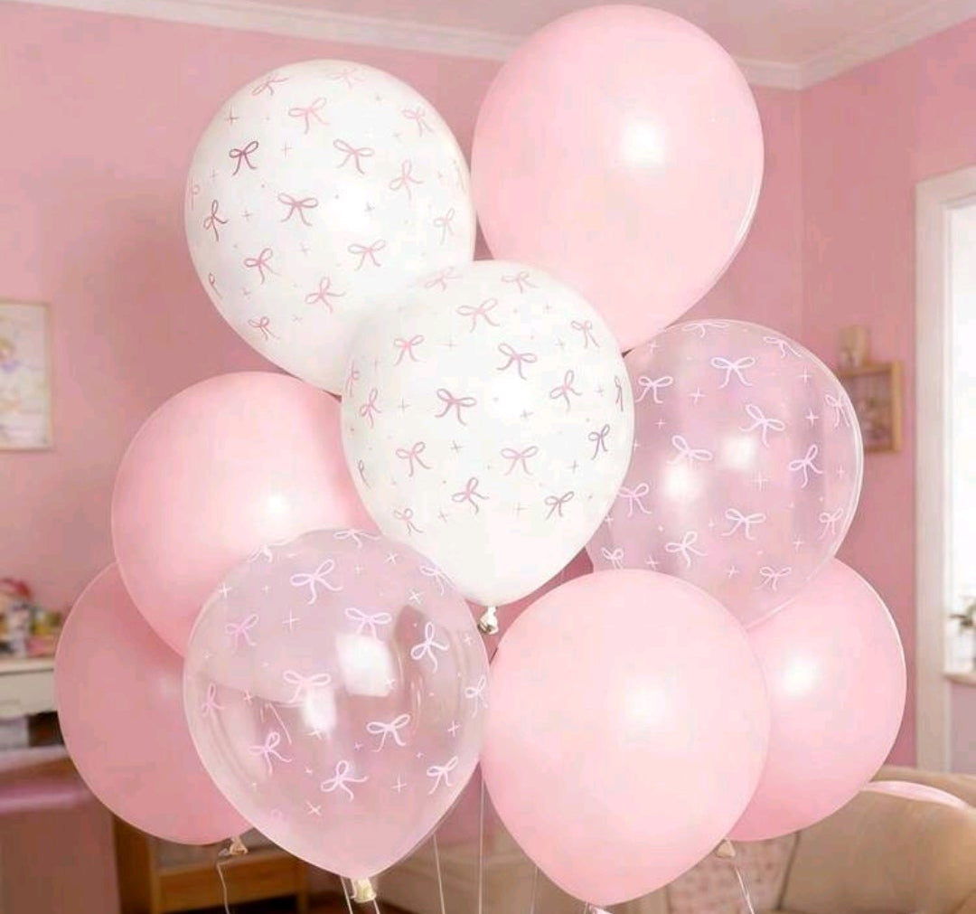 9 pcs 12-Inch Pink And Transparent White Bow Print Balloons, Cute Balloon Decorations For baby Princess, Girl Birthday Party, Bachelorette Party, Bow Theme Party, Gender Reveal, Bridal Shower, Wedding, Valentine's Day, Mother's Day,