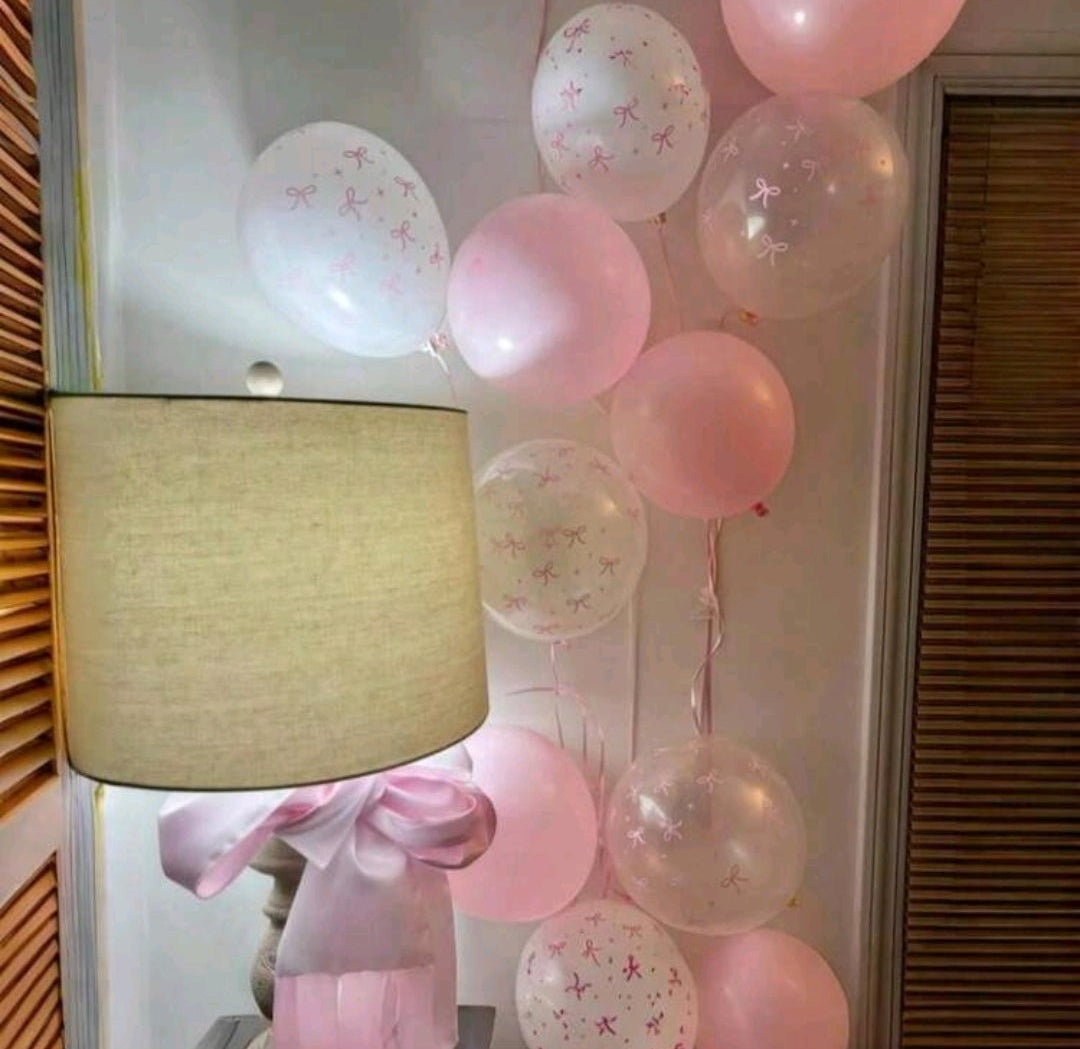 9 pcs 12-Inch Pink And Transparent White Bow Print Balloons, Cute Balloon Decorations For baby Princess, Girl Birthday Party, Bachelorette Party, Bow Theme Party, Gender Reveal, Bridal Shower, Wedding, Valentine's Day, Mother's Day,